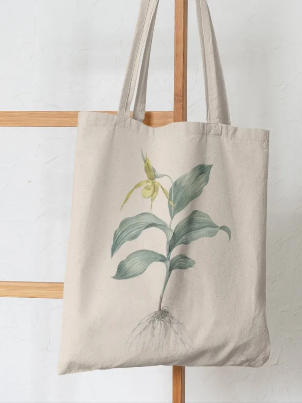 Yellow Lady's Slipper Orchid Vintage Floral Print Graphic Canvas Tote Bag